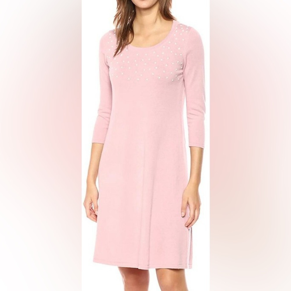 NINE WEST Women's Large L 3/4 Sleeve Sweater Dress with Pearl Details